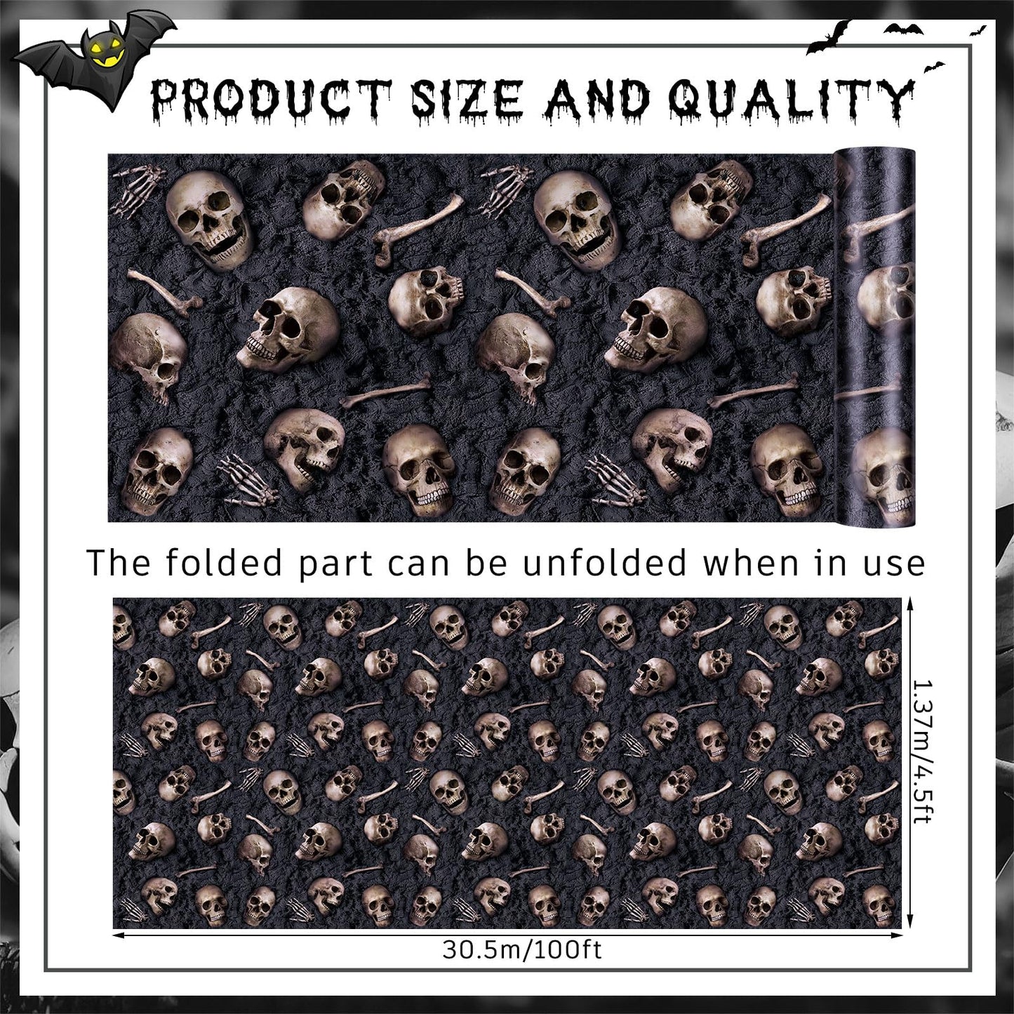 Preboun 100 ft x 54 Inches Halloween Skeleton Tablecloth Skull Wallpaper Halloween Scene Setters Room Skeleton Theme Plastic Waterproof Catacombs Skull Backdrop for Party Decoration Supplies