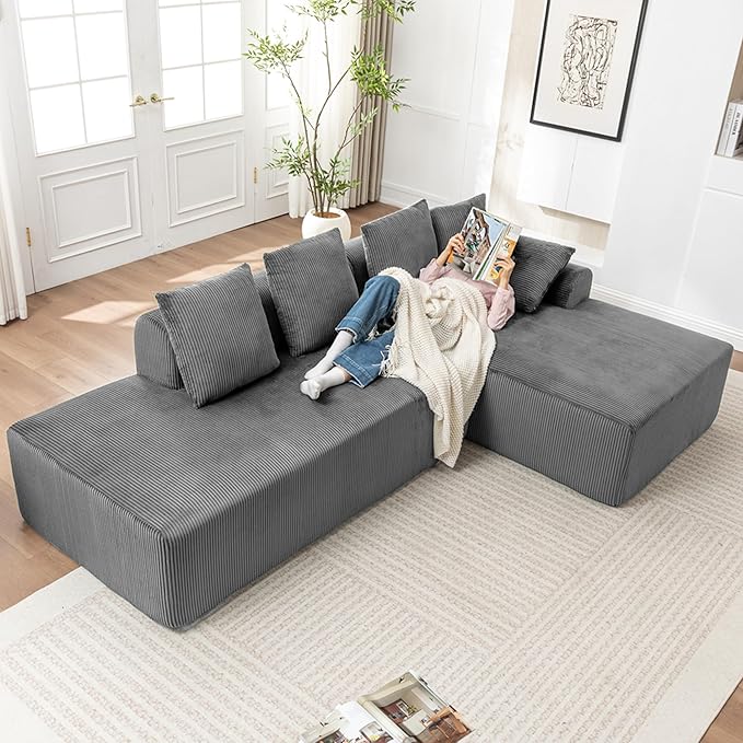 108 '' W Boneless Couch with L-Shape Chaise,No Assembly Required, Upholstery Corduroy Cloud Couch with Deep Seats and 5 Pillows Back, Free Combination (Grey)