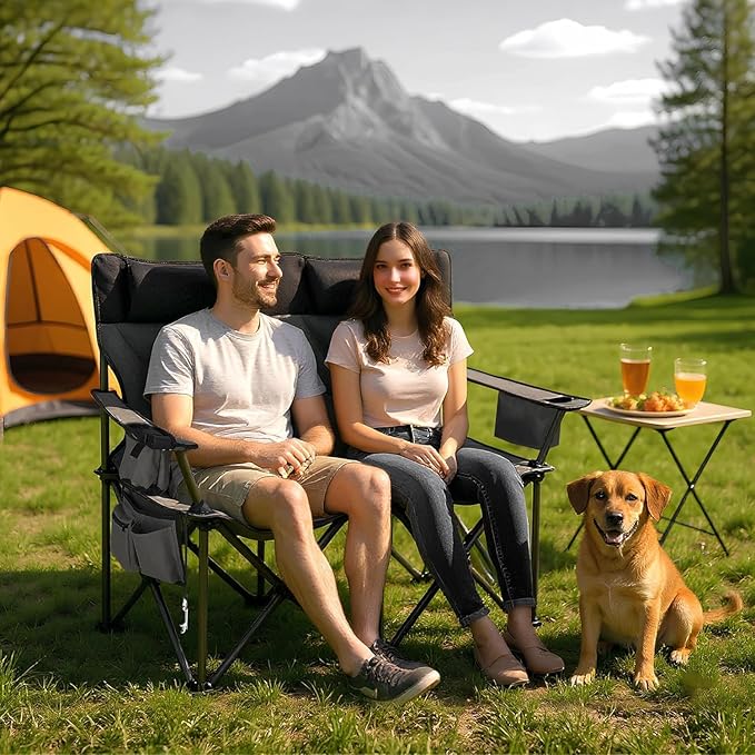 Oversized Double Camping Chairs, Heavy Duty Padded Loveseat Chair - 900 LBS Support for Adult - Comfortable Camping Chair with High Back & Pillow