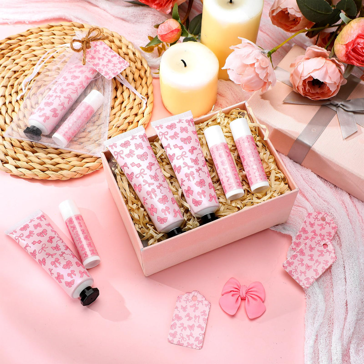 Swiffen 48 Sets Pink Bow Baby Shower Favors Bulk Coquette Baby Shower Gifts for Guests Include 48 Hand Cream and 48 Lip Balm Pin