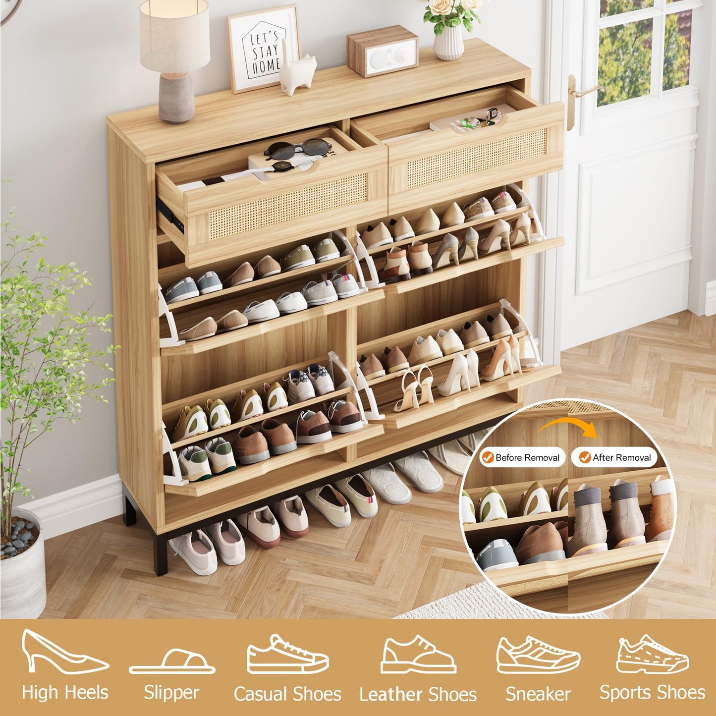 Jocoevol Rattan Shoe Cabinet for Entryway with 4 Flip Drawers & 2 Top Drawers, Freestanding Narrow Shoe Storage Cabinet with Metal Legs for Foyer, Hallway (Natural)