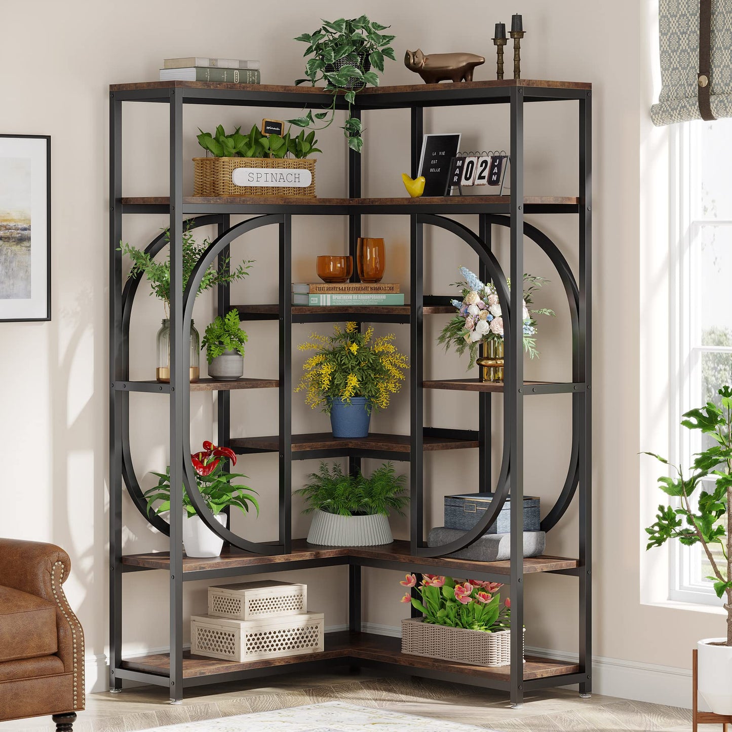 Tribesigns 7-Shelf Corner Bookshelf, Large Modern Corner Bookcase, Tall L-Shaped Corner Shelf Stand Display Rack with Storage, Metal Frame for Living Room Home Office (Rustic Brown)