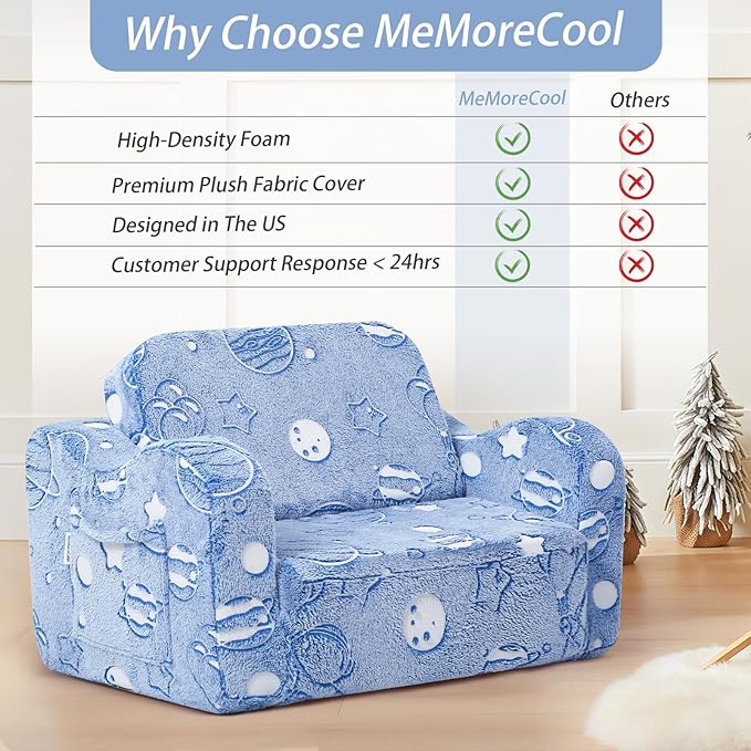 MeMoreCool Toddler Sofa Bed – Glow-in-The-Dark Astronaut Chair for Kids, 2-in-1 Fold-Out Lounger (Denim Planet) Soft Foam | Machine Washable Cover | Ages 1–3 | Playroom & Nursery Nap Couch