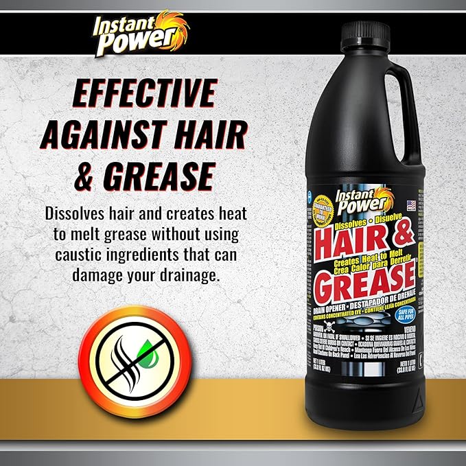 Instant Power Hair and Grease Drain Cleaner - Shower Drain & Sink Cleaner, Liquid Clog Remover, Made in USA, Sink Deodorizer - 1 Liter