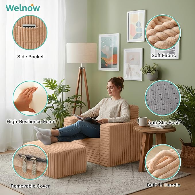 Welnow Folding Sofa Bed with Ottoman, Convertible 2-in-1 Boneless Couch Futon Lounge Chair Bed for Adults, Comfy Fold Out Sleeper Sofa for Small Spaces, Living Room, Bedroom, or Dorm, Khaki