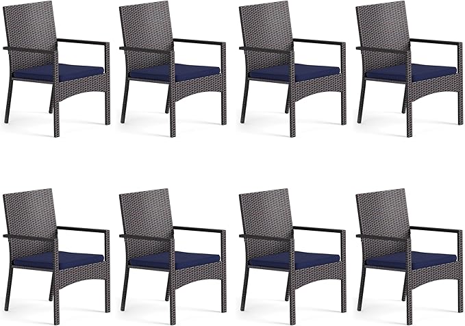 MFSTUDIO Patio Rattan Chairs Set of 8, Wicker Outdoor Dining Chairs Set of 8, All Weather Patio Armchairs w/Armrests, Steel Frame, Brown, 330lbs