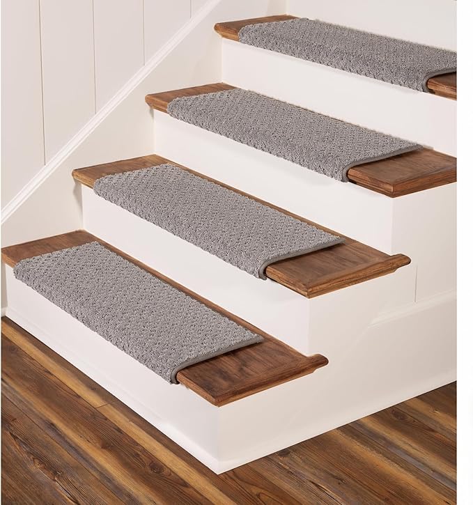 Oak Valley Designs™ Rounded Bullnose Carpet Stair Treads - Anti Slip Indoor Stair Mats for Wooden Stairs, Style: Bayside Charm, Dark Grey 31" W X 9.75" D (Set of 14)