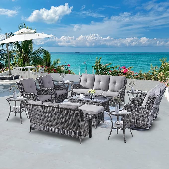 Belord Wicker Patio Furniture Sets - 13 Piece Outdoor Rattan Furniture Conversation Sets with 4 Swivel Rocker Chairs, 2 Rattan Sofas, Wicker Ottomans and Coffee Table, Mixed Grey/Grey
