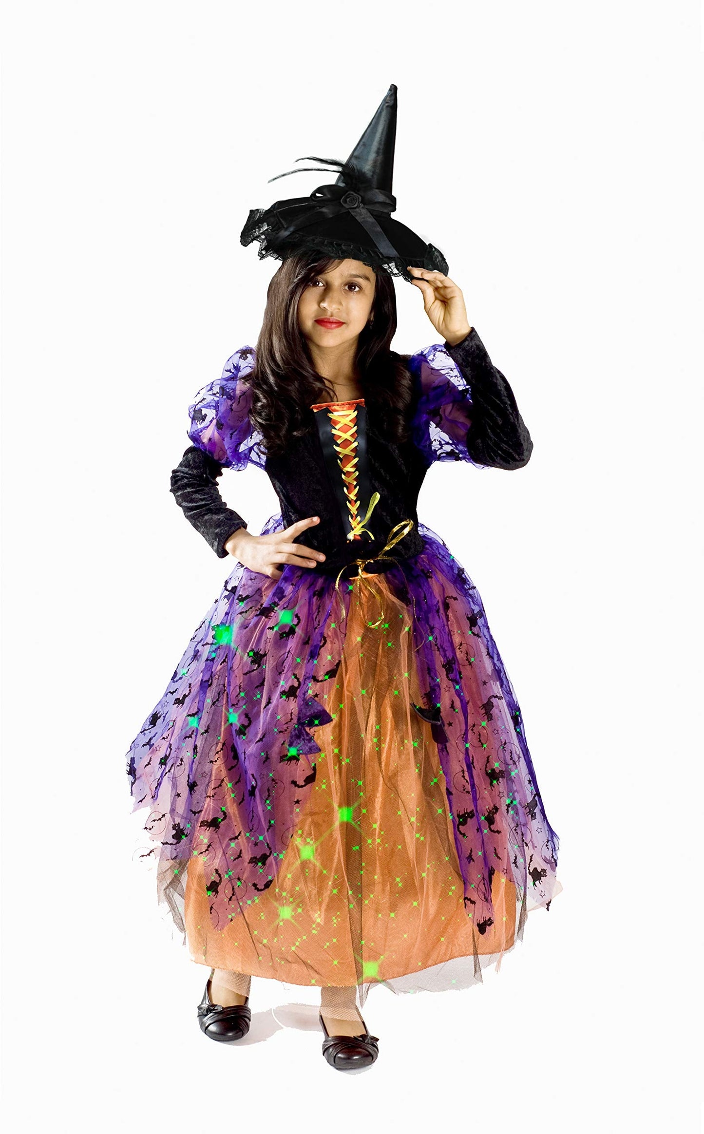MONIKA FASHION WORLD Witch costume for girls with BROOM, black hat skirt lights up (Small (4-6))