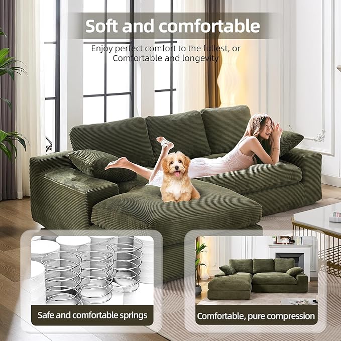98.4" Green Sectional Sofa Cloud Modular Sectional Couch with Chaise,Corduroy Sectional Couches L-Shaped Modern Upholstered Sofa with Deep Seat for Living Room and Bedroom,No Assembly Required(Green)