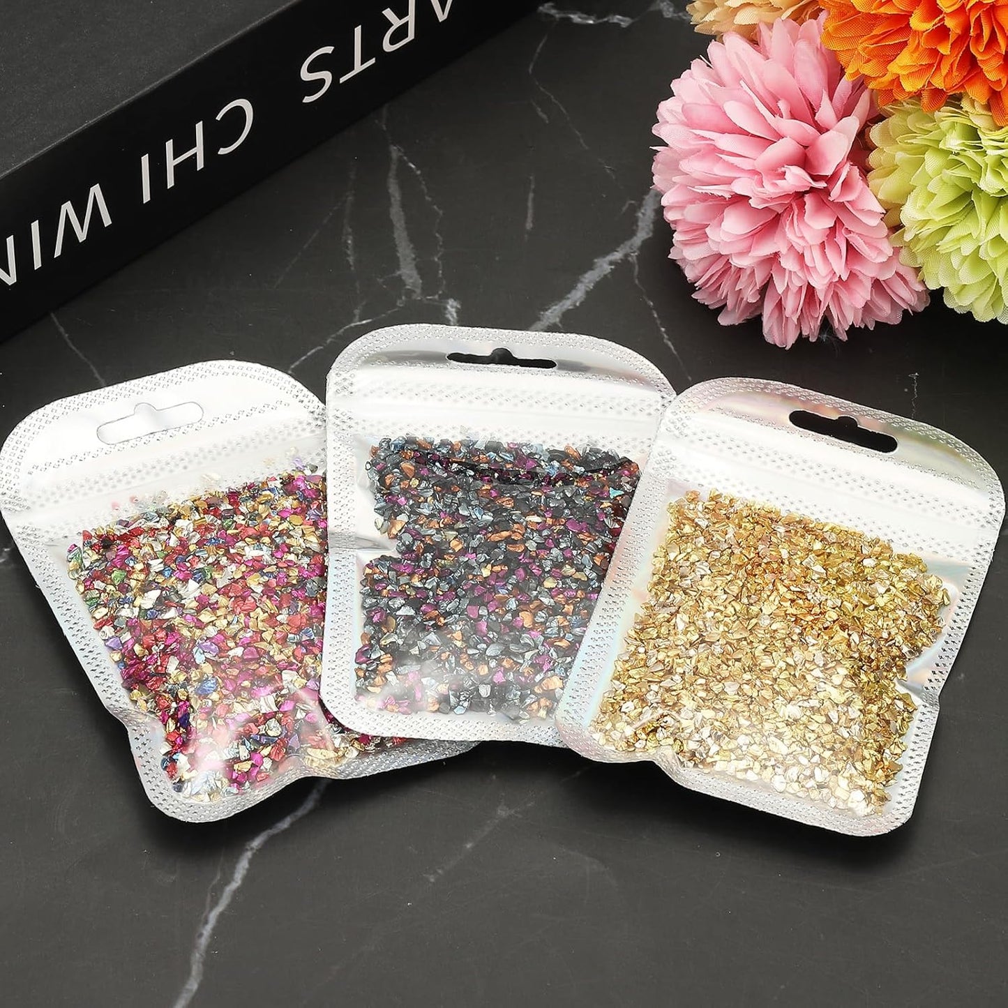 uxcell 6 Colors Crushed Glass Chips, 1-3mm Irregular Glitter Metallic Glass Broken Glasses Pieces with Laser Bag for Craft DIY Vase Epoxy Halloween Decoration 31g, Multicolored
