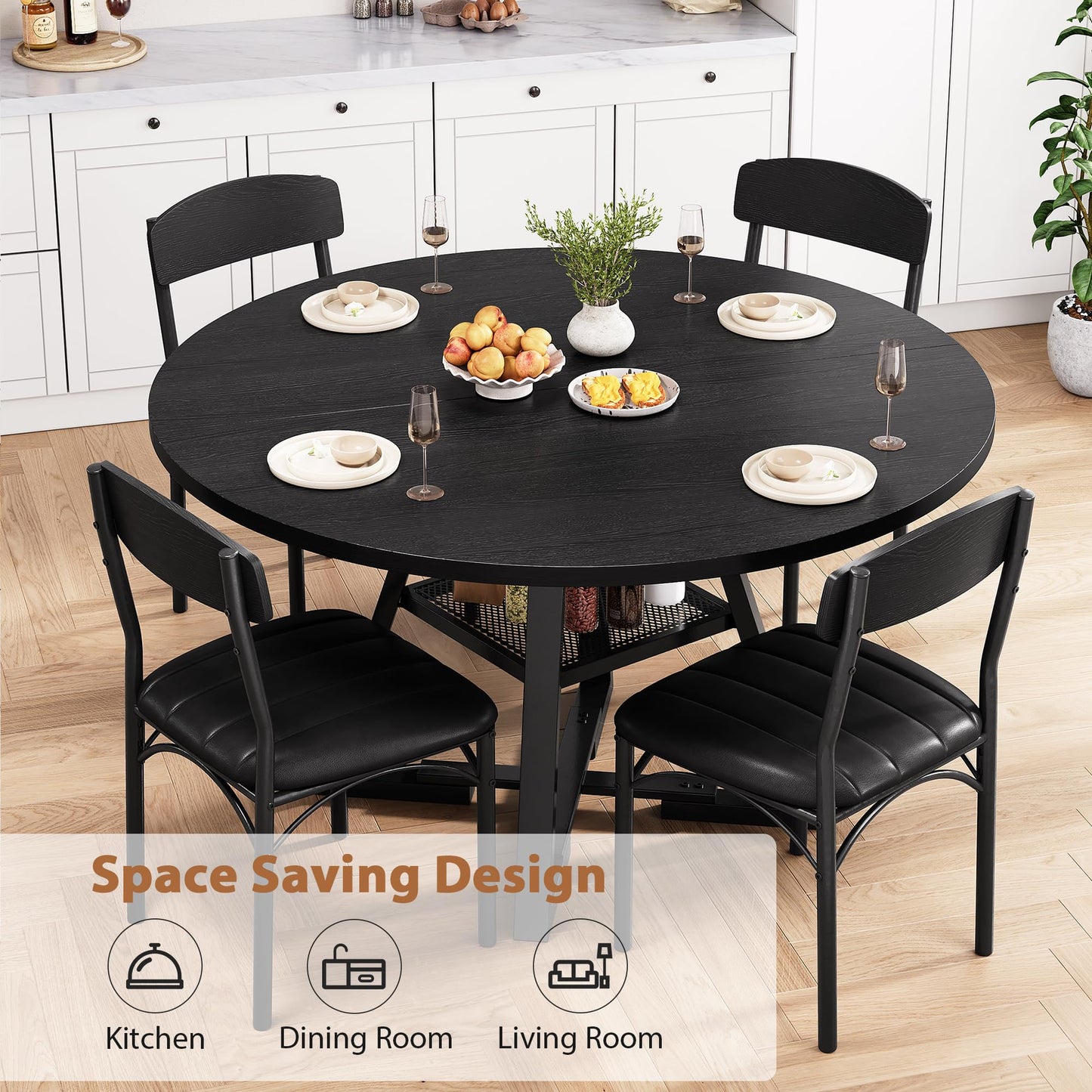 Round Dining Table Set for 4, Kitchen Table and Chairs for 4, Circle Table Round Pedestal Dining Room Dinner Dinette Table Set,5 Piece Space Saving Wood Kitchen & Dining Room Tables (Black, 47In)