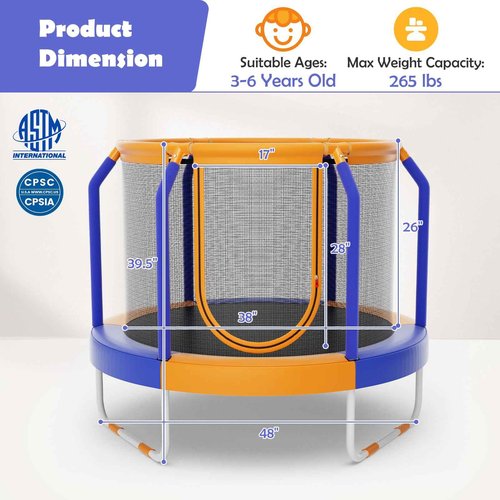 Goplus Kids Trampoline, 48" ASTM Approved Recreational Trampoline with Safety Space Design, Seamless Jumping Mat, Indoor Outdoor Mini Toddler Trampoline for Baby Boys Girls Gifts (Blue&Orange)