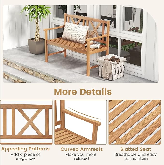 COSTWAY Outdoor Wooden Bench, Outdoor Acacia Wood Loveseat with Curved Armrest & Backrest, Sturdy Wood Bench for Garden, Park & Porch, 47.5"x 22" x 34”