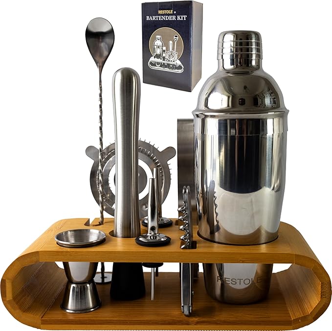 Restole 10-Piece Cocktail Shaker Bartender Kit - Elegant Drink Mixer Set Muddler Jigger Strainer, Dishwasher Safe, for Hou...