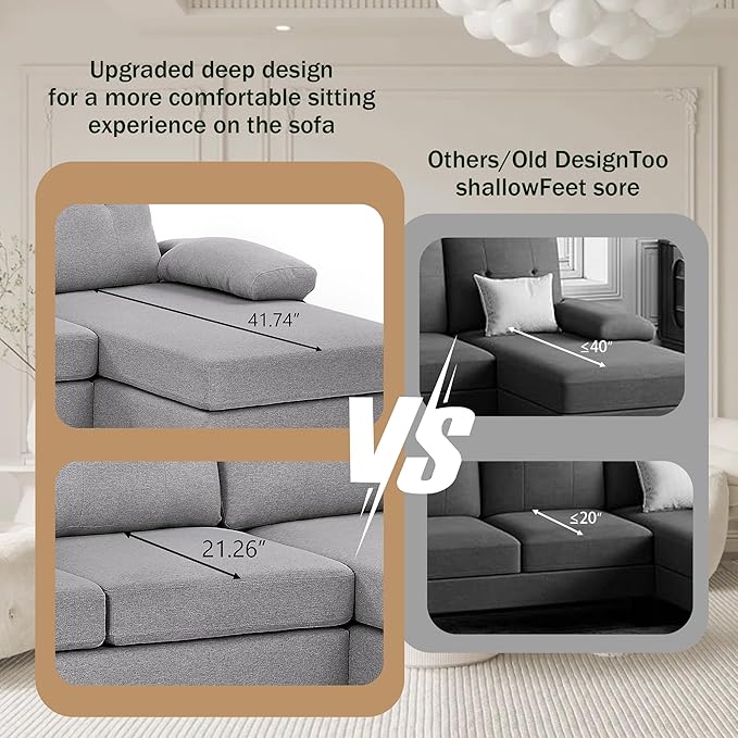 Chireca 111" Sectional Couch for Living Room, Modern Polyester Fibre U Shaped Sofa Couches with Double Chaise, Upholstered 4 Seater Sofa for Living Room, Apartment, Office, Light Grey