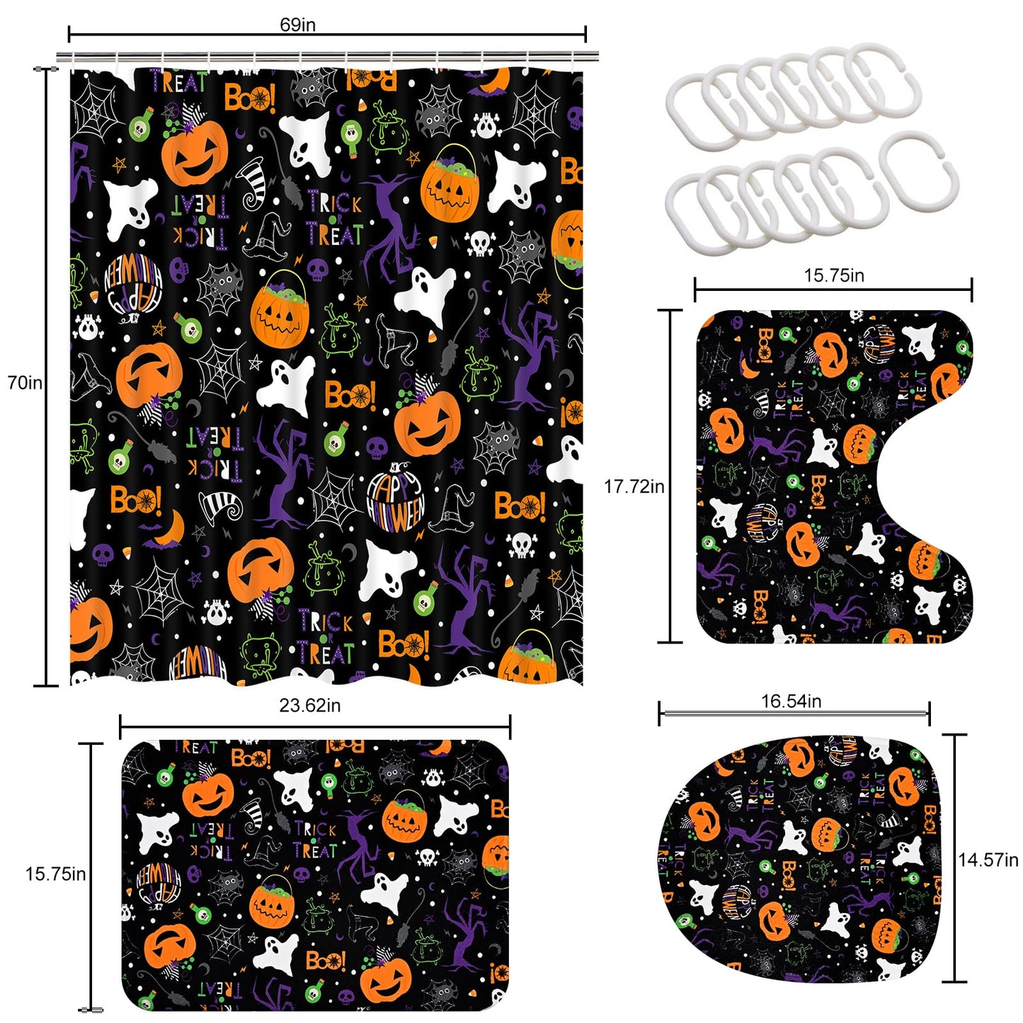 Claswcalor Halloween Pumpkin Shower Curtain Set Spooky Ghost Bathroom Sets with Shower Curtain and Rugs Spider Web Witch Shower Curtain with 12 Hooks, Moon Shower Curtains for Bathroom Decor
