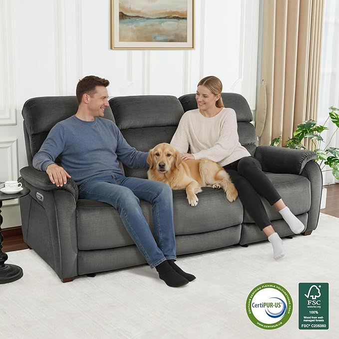 MCombo 87.2'' Wall Hugger Power Recliner Sofa with Drop Down Table, Reclining Sofa with Adjustable Headrest, USB Charge Ports, Reading Lamp, for Living Room, RVs, Fabric, ST258M3 (3-Seater, Dark Grey)