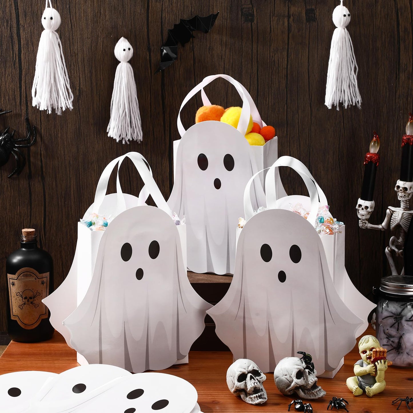 Sweetude 12 Pcs Halloween Ghost Paper Gift Bags Party Favor Bags with Handle for Trick-or-treat Candy Goodie Pastel for Halloween Spooky Birthday Holiday Party Supplies