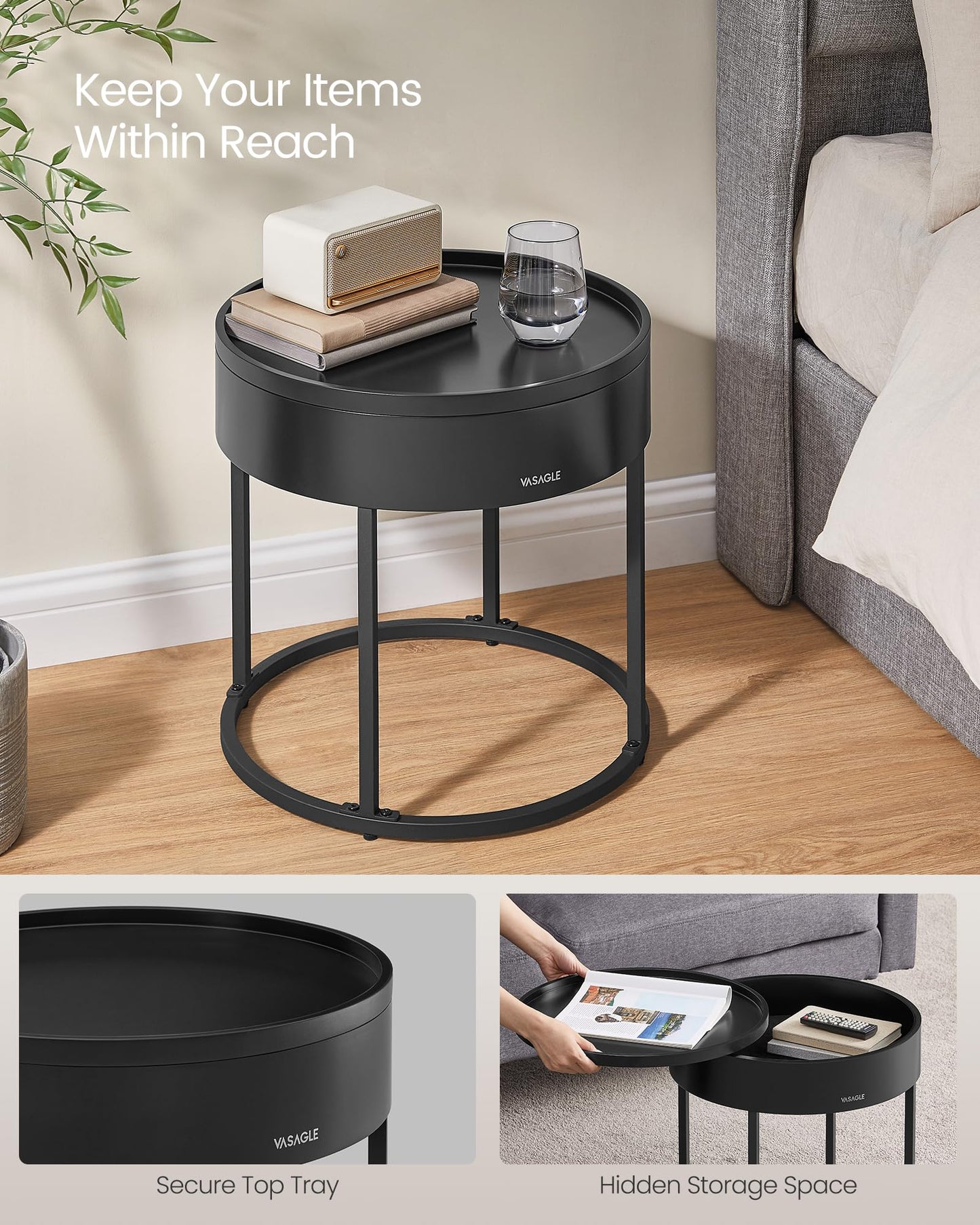 VASAGLE Round Coffee Tables, Set of 2 Nesting Tables, Modern Round Side Tables with Hidden Storage and Top Tray, for Living Room, Bedroom, Office, Rustic Brown and Ink Black ULCT044K01