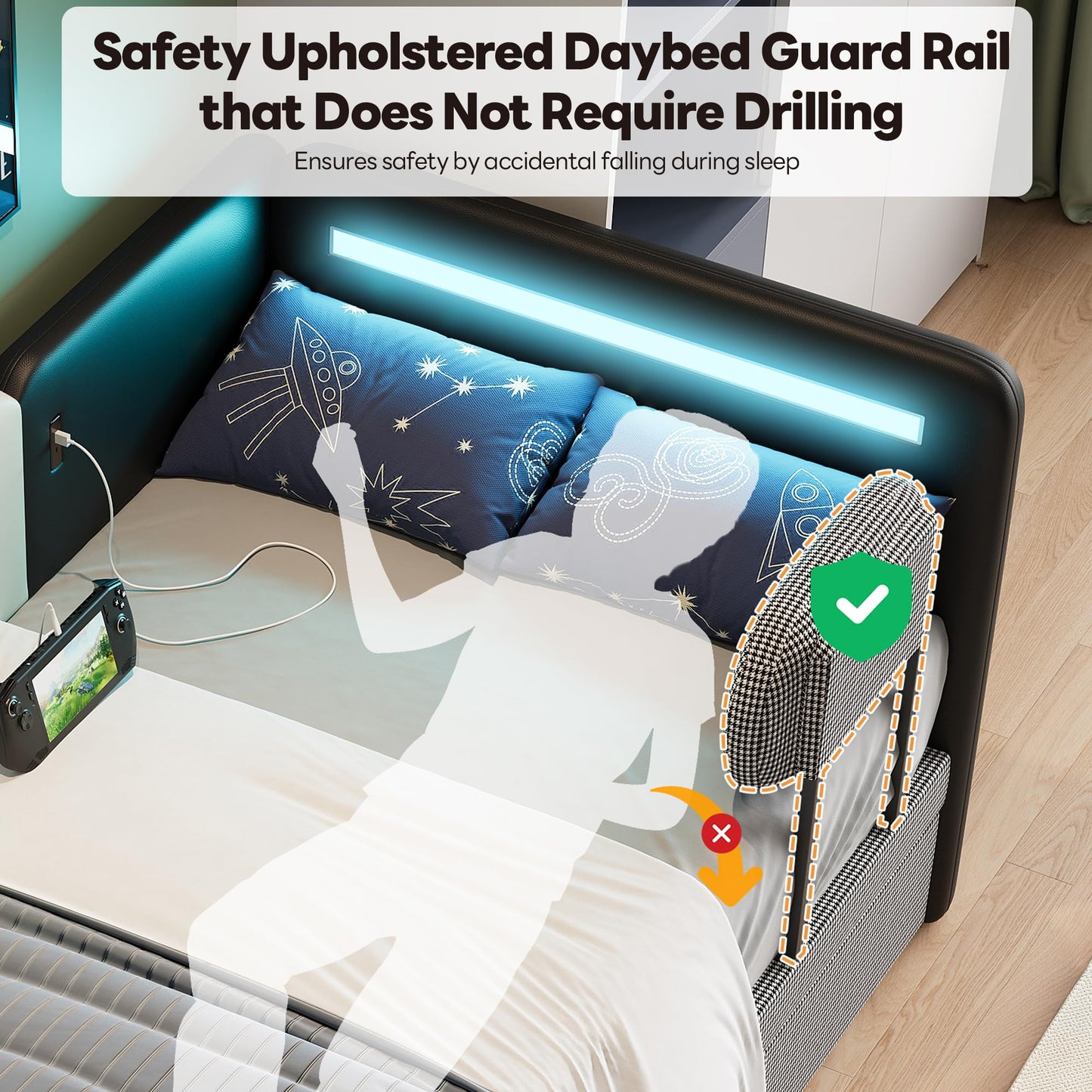 LIKIMIO Daybed with Trundle, Twin Day Bed Frame with Upholstered Guardrail, Charging Station & LED, Sofa Bed with Strong Supports, for Bedroom, Living Room, PU Leather