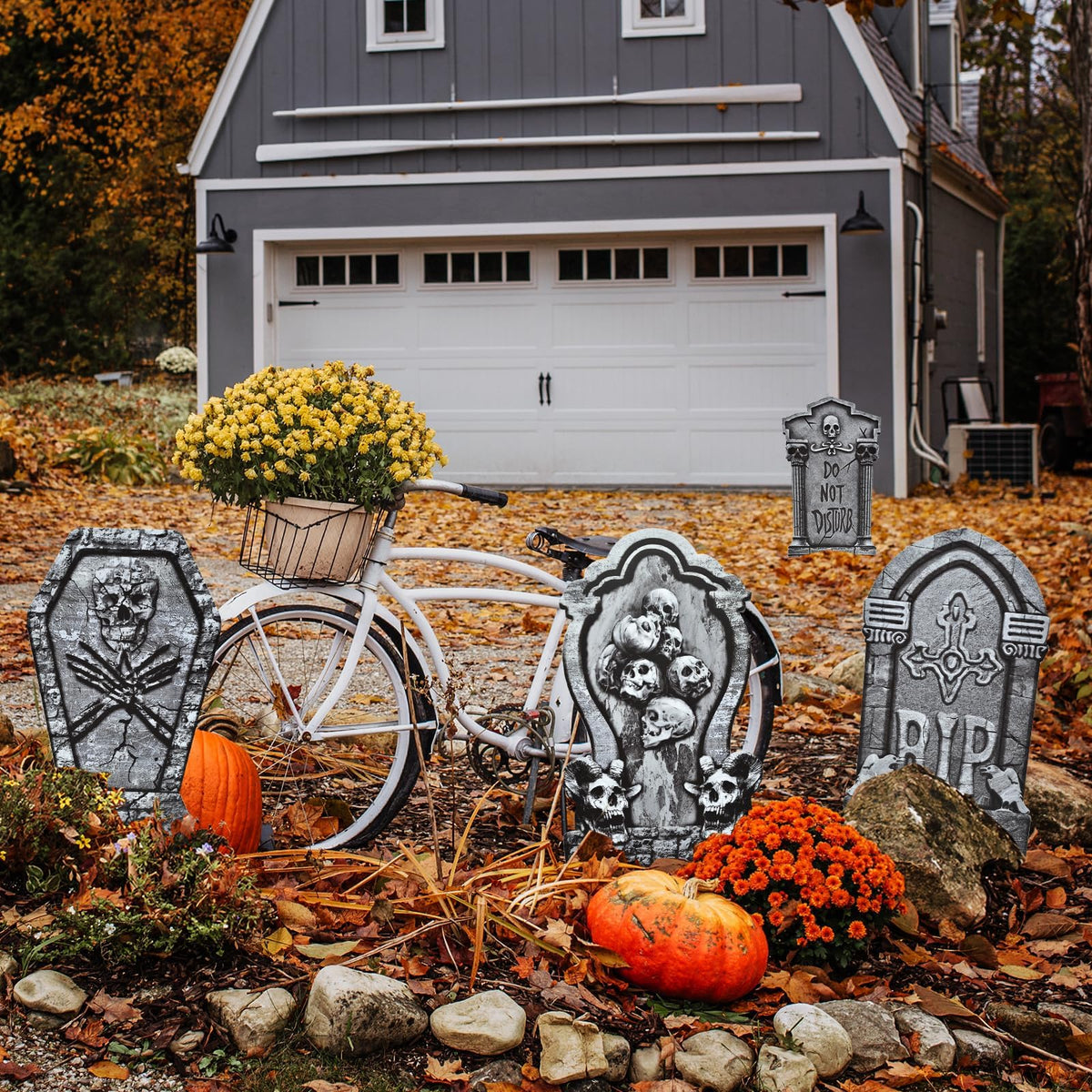 PhyLence 6-Piece Halloween Tombstone Yard Signs with Stakes - Large Eerie Graveyard Design, Spooky Skulls and RIP Messages for Haunted House, Outdoor Garden, Lawn Decor, Halloween Party Props