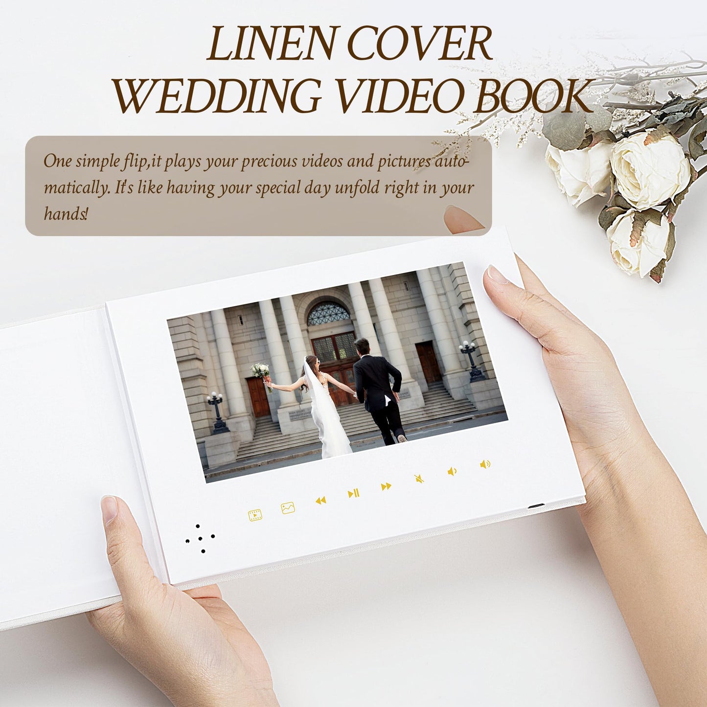 GXNI Luxury Linen Bound Video Book, 7" IPS Display, 4GB Memory, Rechargeable Battery, Up to 3 Hours HD Video Storage, Perfect for Weddings, Graduation Birthdays, Anniversaries, and More (Beige)
