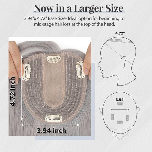 SEGOHAIR Hair Topper for Thinning Hair, Human Hair, 4 Clips, Silk Base 3.94x4.72, 6 Inches, Light Salt and Pepper Color, Style without Front Bangs, Achieve a Fuller, More Youthful Appearance