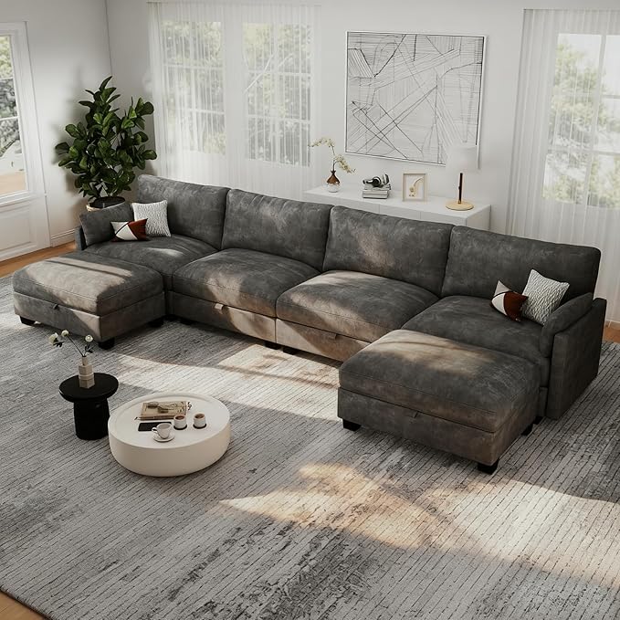OhaiAura Modular Sectional U Shaped Sofa Couches for Living Room, Cloud Couch with Storage Ottoman, Comfy Chenille Sofa with Pillow, Dark Gray