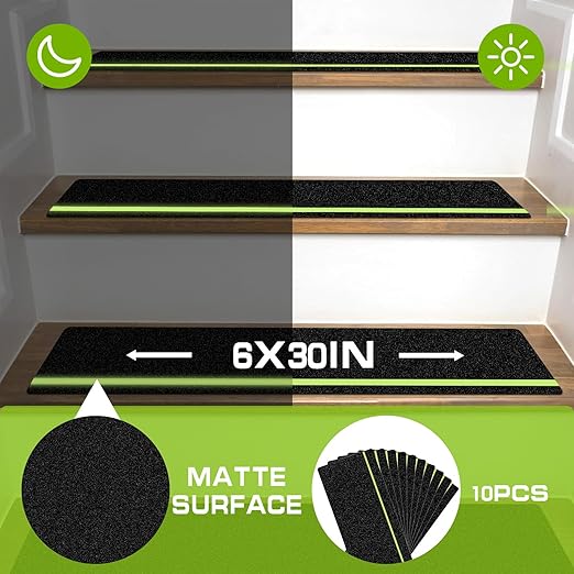 LadyRosian Outdoor Stair Treads Non Slip 10-Pack Black Glow 6" x 30" - Weather Resistant Adhesive Heavy Grip Tape - Waterproof Anti Skid Strips- Glow in The Dark 80-Grit Adhesive Treads