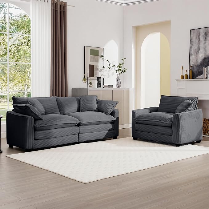 mikibama Luxury 2 Piece Sofa Set, Loveseat Couch & Sofa Armchair Set, Modern Corduroy Comfy Cloud Couches Set for Living Room Office with 2 Armrest Pillows and 3 Toss Pillows, Grey