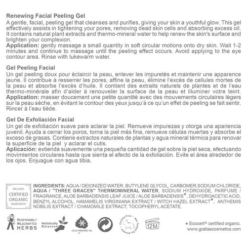 Gratiae organic renewing Peeling gel face mask, mild face cleanser with witch hazel, Deep cleans, removes dead skin cells and blackheads, anti-aging skin care, 1.7 Fl oz