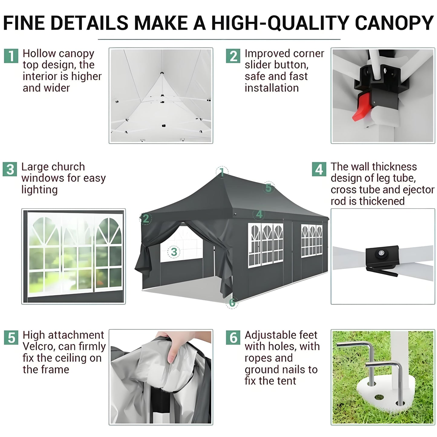 COBIZI 10x20 Pop Up Canopy with 6 Sidewalls, Conical Party Tent 10x20 with 3 Adjustable Height Waterproof, UV-Resistant with Carry Bag, Sandbag, Stake, Ropes for Parties, Commercial (Frame Upgraded)