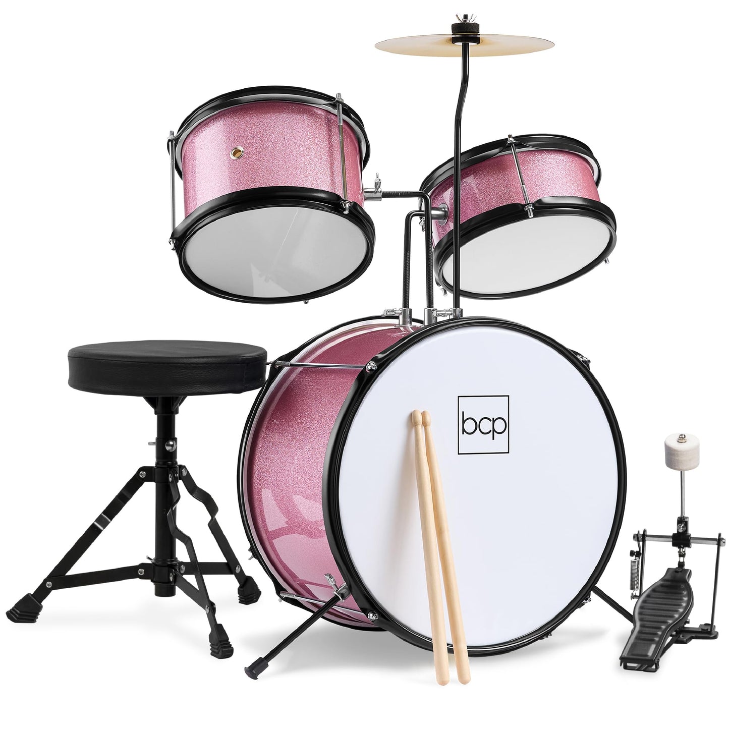 Best Choice Products 3-Piece Beginner Drum Set For Kids Juniors, W/Throne Stool, Cymbal, Drum Sticks, Bass Drum Pedal, 2 Toms -