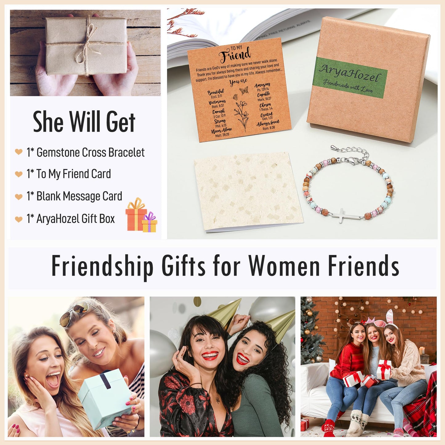 AryaHozel Friendship Bracelets for Women, Cross Bracelet, Best Friend Friendship Gifts for Women, Best Friend Birthday Gifts for Woman Friends Bff Bestie Female Christmas Valentines Christian Jewelry