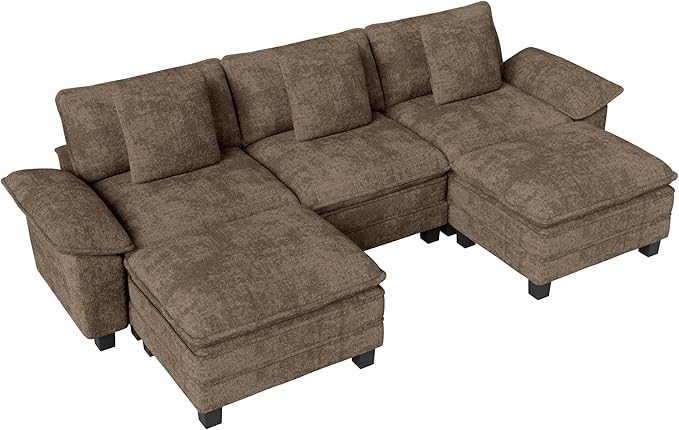 MIXPATIO 123-Inch U Shaped Sectional Sofa with Cloud Cushions, Deep Seat Modular Couch Set w/ 5 Seats & 2 Ottomans, Removable Arms, Plush Chenille Upholstery for Living Room, Apartment - Taupe