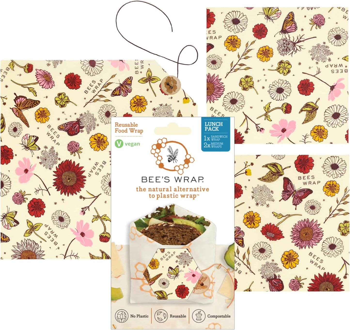 Bee's Wrap Vegan Beeswax Wraps for Food - Vegan Meadow Magic 3 Pack (2M 1 Sandwich) Made in USA Reusable & Organic Food Wraps, Sandwich Wrap - Eco-Friendly Alternative to Aluminum Foil & Plastic Wrap