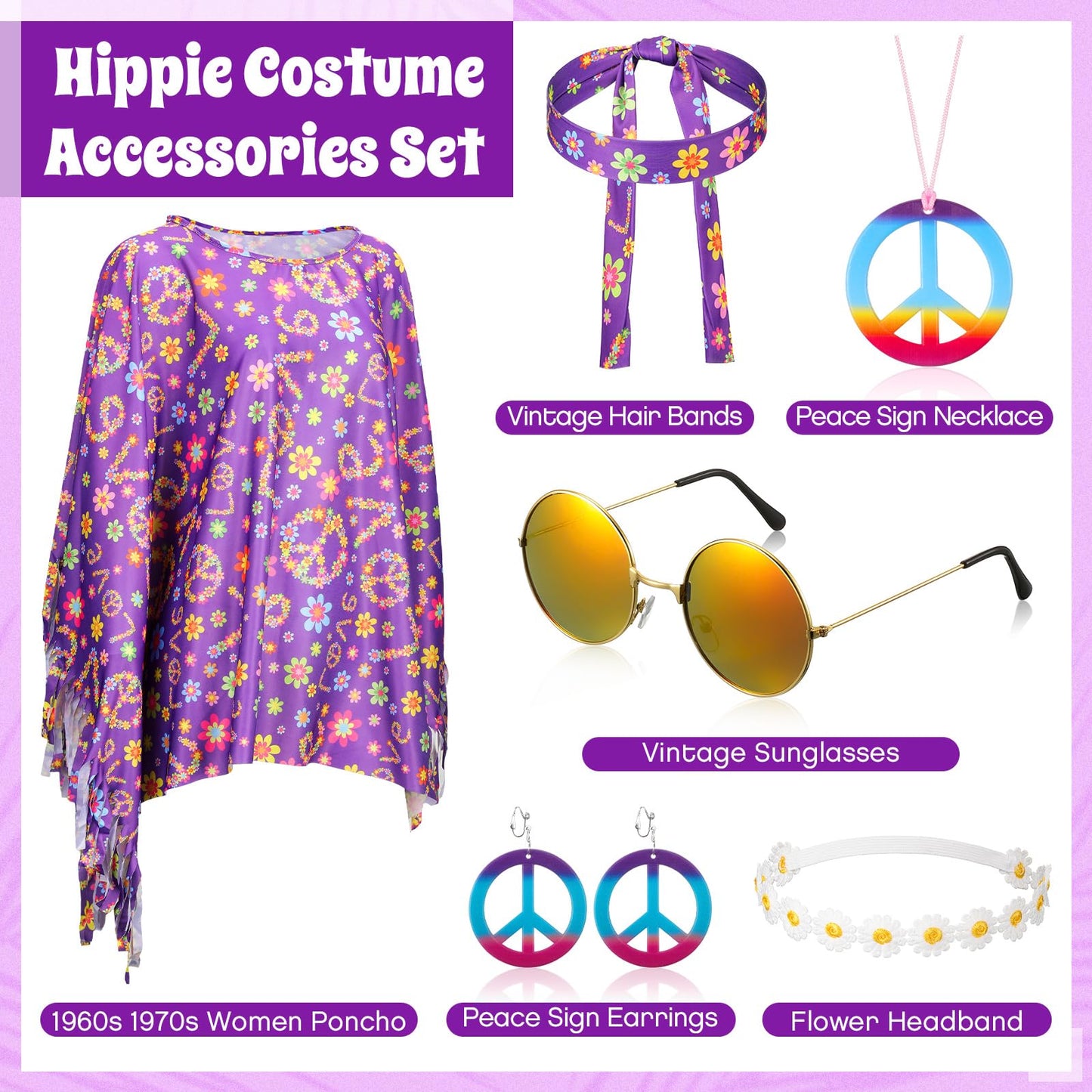 Hicarer 6 Pcs Hippie Costume Accessories Set Includes Headband Poncho Necklace Earrings Sunglasses for Women Girls(Romantic Flower)