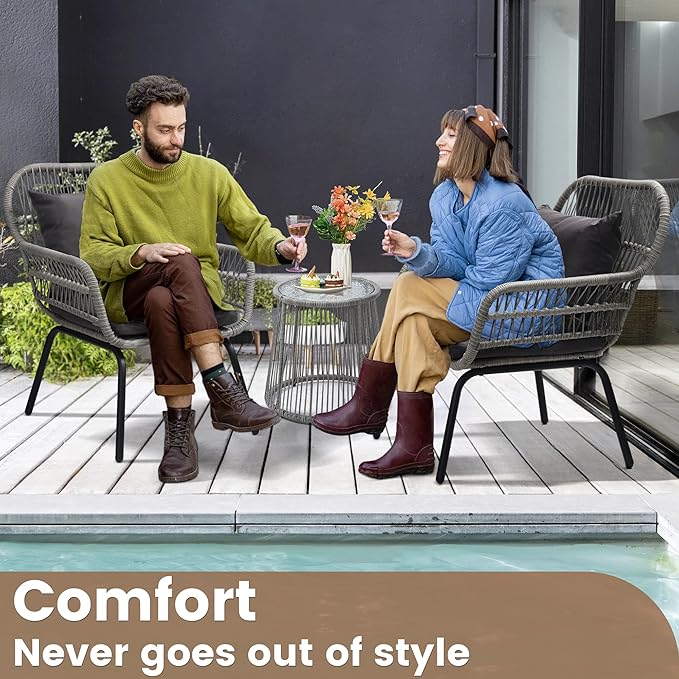 wildformers 3 Pieces Rattan Wicker Bistro Set, Outdoor Conversation Set, Wicker Rattan Furniture Set with Glass Top Table, Space Saving for Balcony, Backyard, Grey