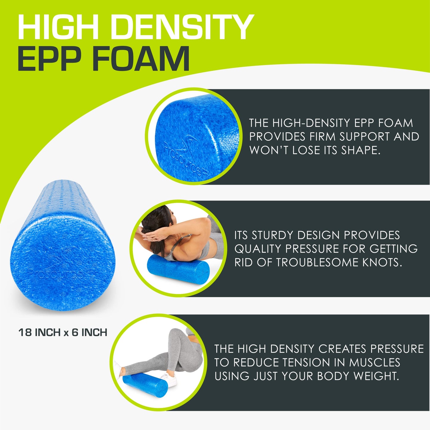 ProsourceFit High Density Foam Rollers 18 - inches long, Firm Full Body Athletic Massager for Back Stretching, Yoga, Pilates, Post Workout Trigger Point Release, Blue