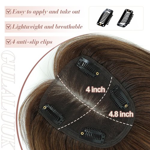 GULALUUK Hair Toppers for Women Human Hair Pieces for Women with ThiningHair Clip in Topper Hairpieces Wiglet Top HairPieces forWomen Cover GrayHair Medium Auburn Brown