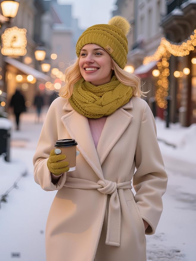URATOT 4-In-1 Winter Warm Sets Knitted Scarf Touch Screen Gloves Beanie Pompom Hat and Winter Ear Warmer for Men or Women