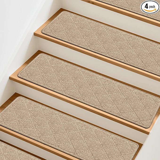 Stair Treads Non-Slip for Wooden Steps, 4Pack - 8" x 30" Edging Stair Runner Indoor for Kids Elders & Pets, Washable Carpet Stair Treads with Peel & Stick Reusable TPE Backing, Beige