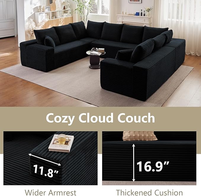 Sectional Cloud Couch for Living Room, Modular Floor Deep-Seat Sofa, Big Comfy Corduroy Couches Set with Fluffy Memory Foam, Stupendous U Shaped Sofas with 12 Pillows, No Assembly Required, Black