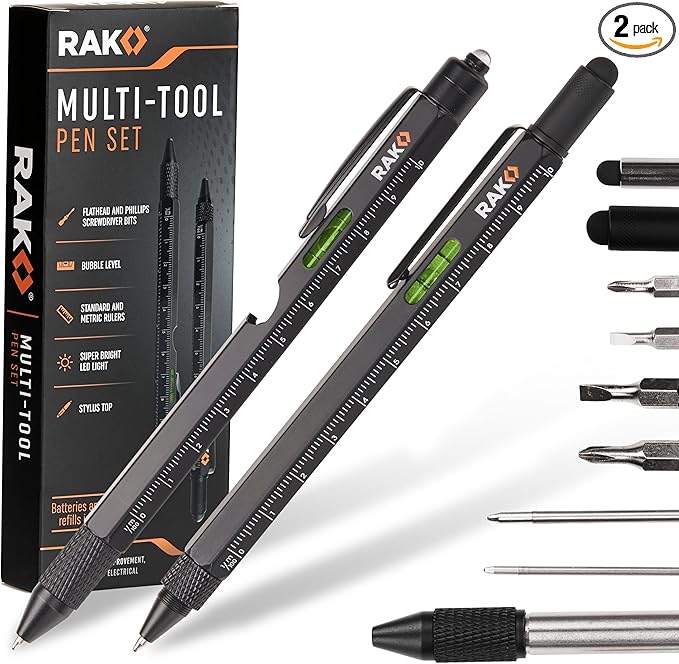 RAK Multitool Pen - Multi-Tool Pens, LED Light, Flathead, Phillips Screwdrivers, Level, Ruler, Bottle Opener, and Stylus. ...