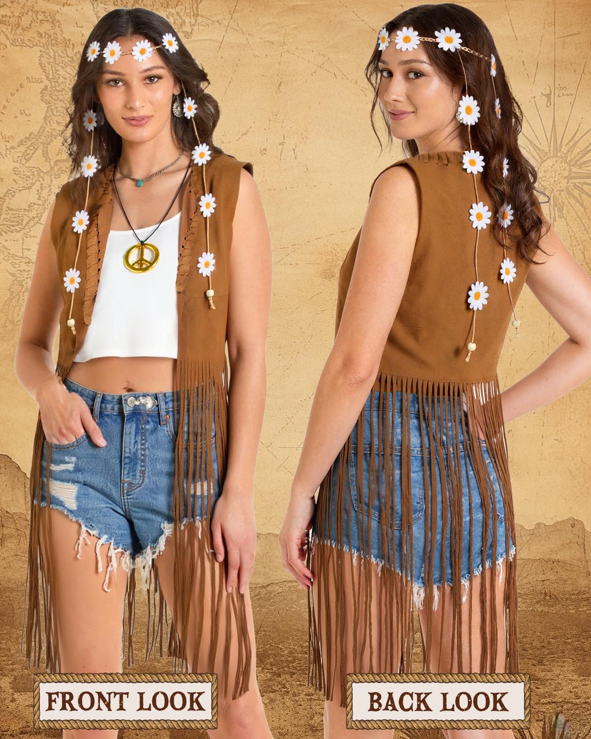 CEELGON 60s 70s Outfits Hippie Clothes for Women Disco Suede Fringe Vest Western Shirts Accessories Woman Cowgirl 1970 Style Decades Day Boho Costume Tops Flower Crowns (L)