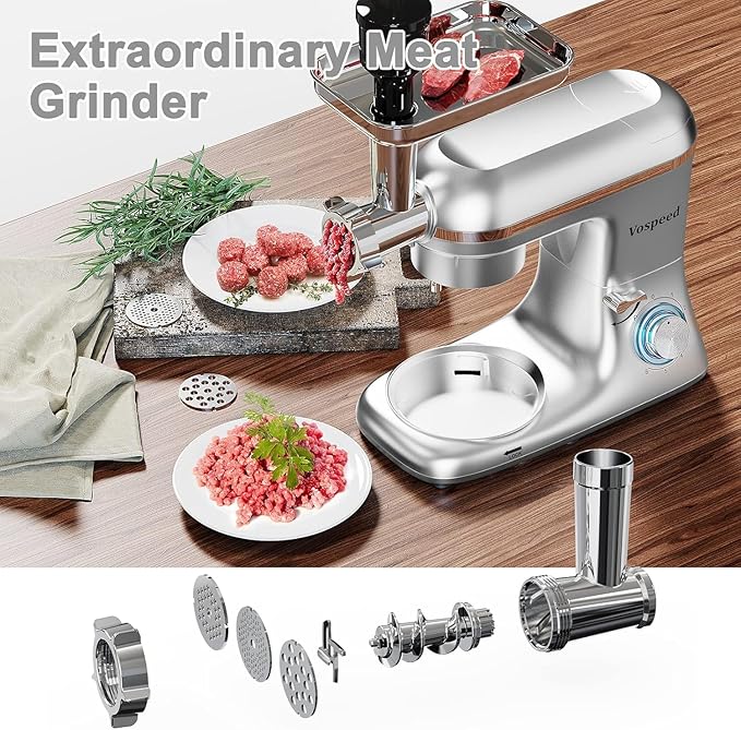Stand Mixer 9 IN 1, 850W Tilt-Head Multifunctional Electric Mixer with 8 QT Stainless Steel Bowl, 1.5L Glass Jar, Meat Grinder, Hook, Whisk, Beater Dishwasher Safe (Silvery)