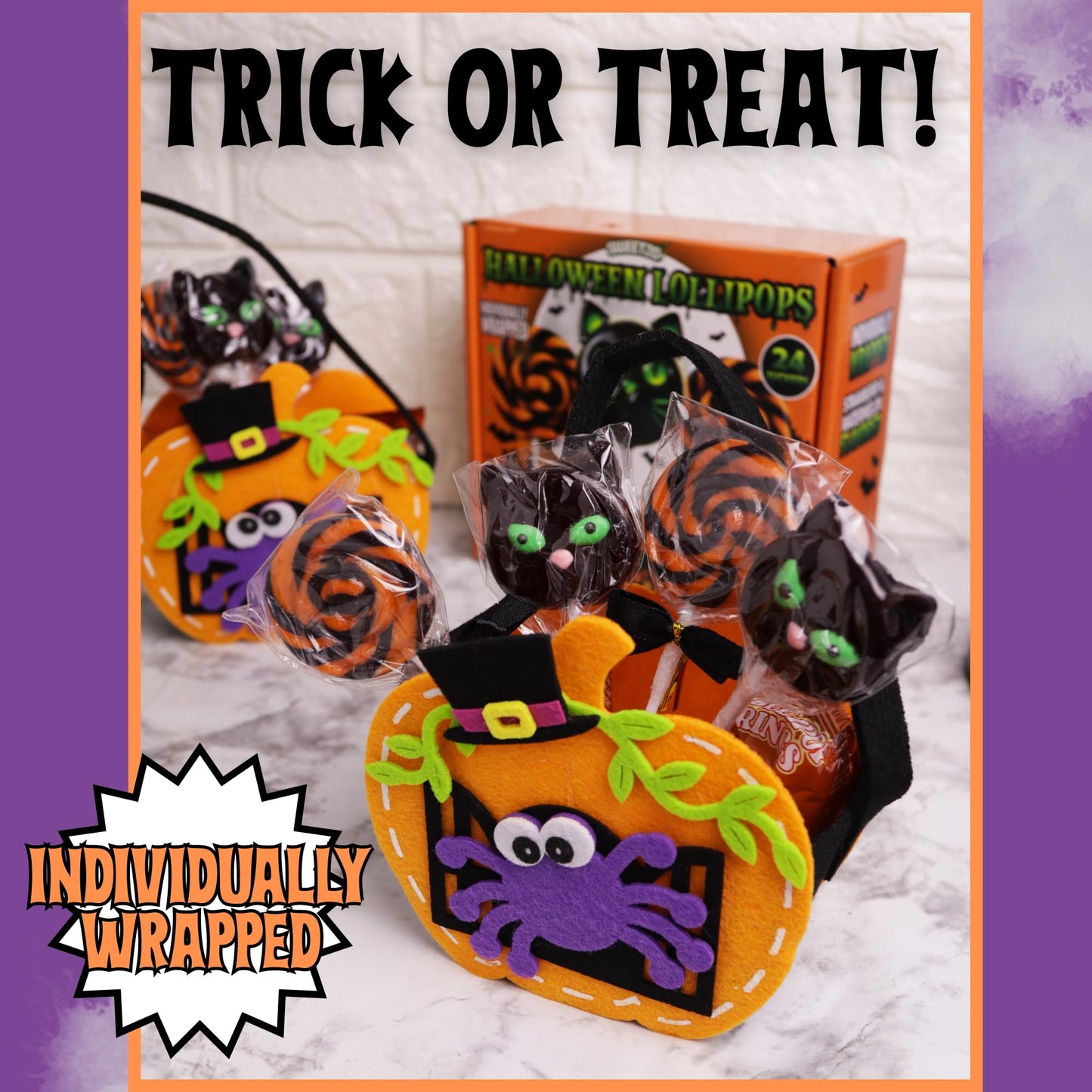 Individually Wrapped Halloween Lollipops, Candy Swirl and Cat Suckers, Trick or Treat Handout Candies, 24 Count