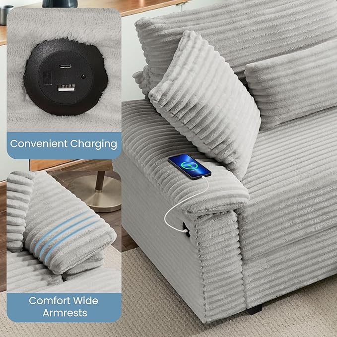 SUNWAVE 74" W Double Chaise Lounge Chair Indoor, Oversized Loveseat with Storage Ottoman, Corduroy Couch with USB Charging, Removable Ottoman, and Coffee Table Cushions for Living Room, Apartment