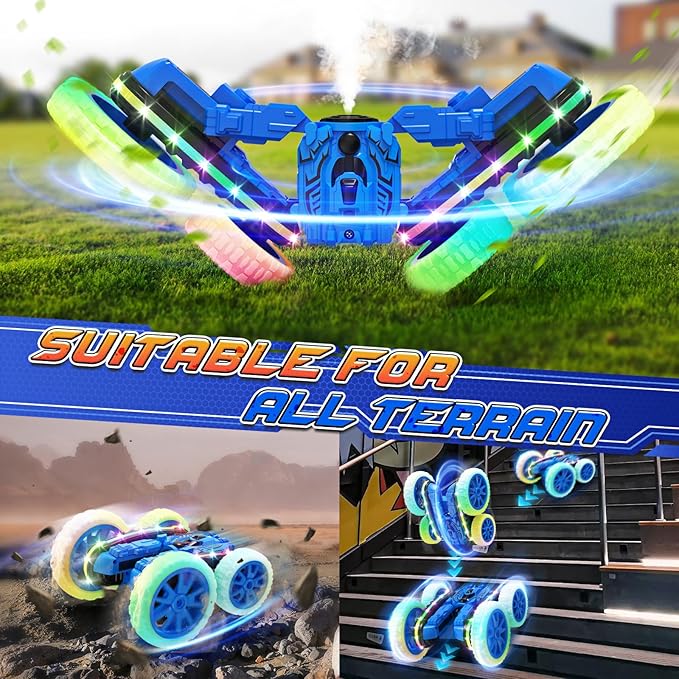 RC Cars Toys, 2-in-1 Remote Control Car Transform 4WD with Spray & LED Lights, 2.4GHz Off-Road Stunt Truck for 360° Flips Gift for Boys Age 8-12 (Blue)